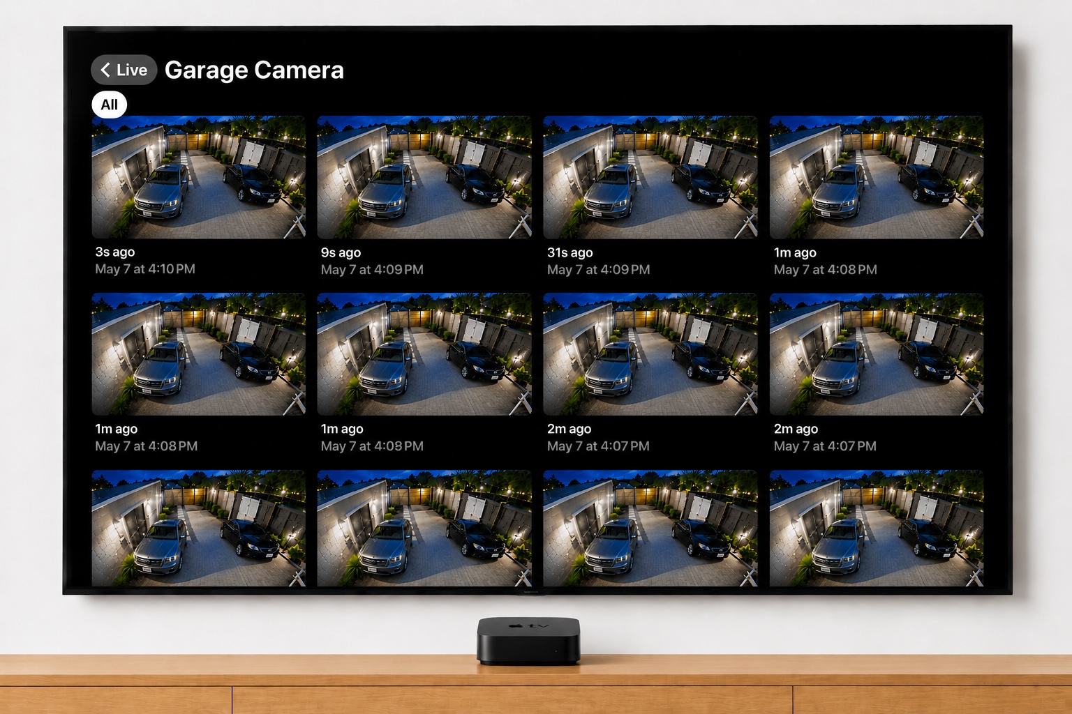 Apple TV showing the Garage Camera event history with multiple recent clips