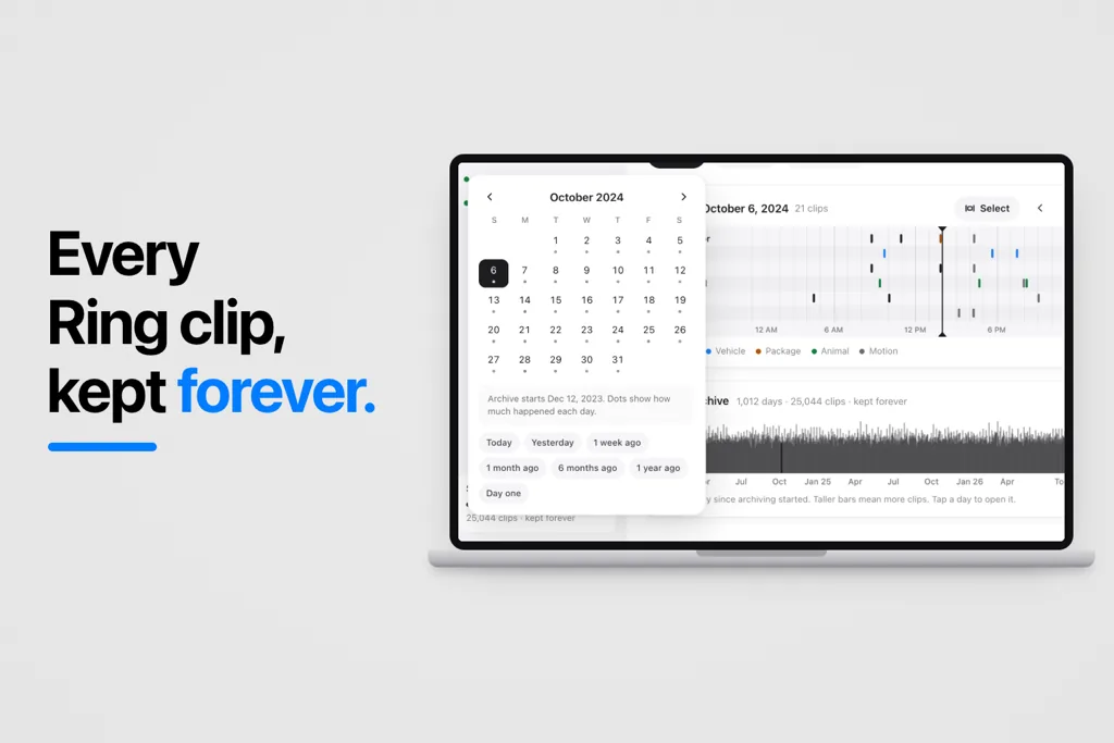 Footage Forever on a laptop: a calendar of archived days beside a timeline of every camera's clips