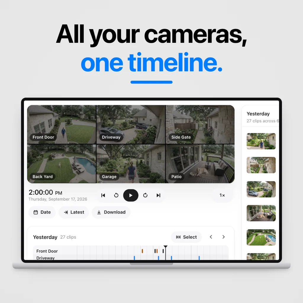 Six Ring cameras playing together above a timeline of yesterday's 27 clips, with Date, Latest and Download buttons
