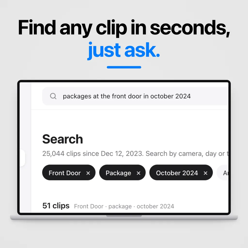 Footage Forever search for packages at the front door in October 2024, filtered to Front Door, Package and October 2024, with 51 clips found
