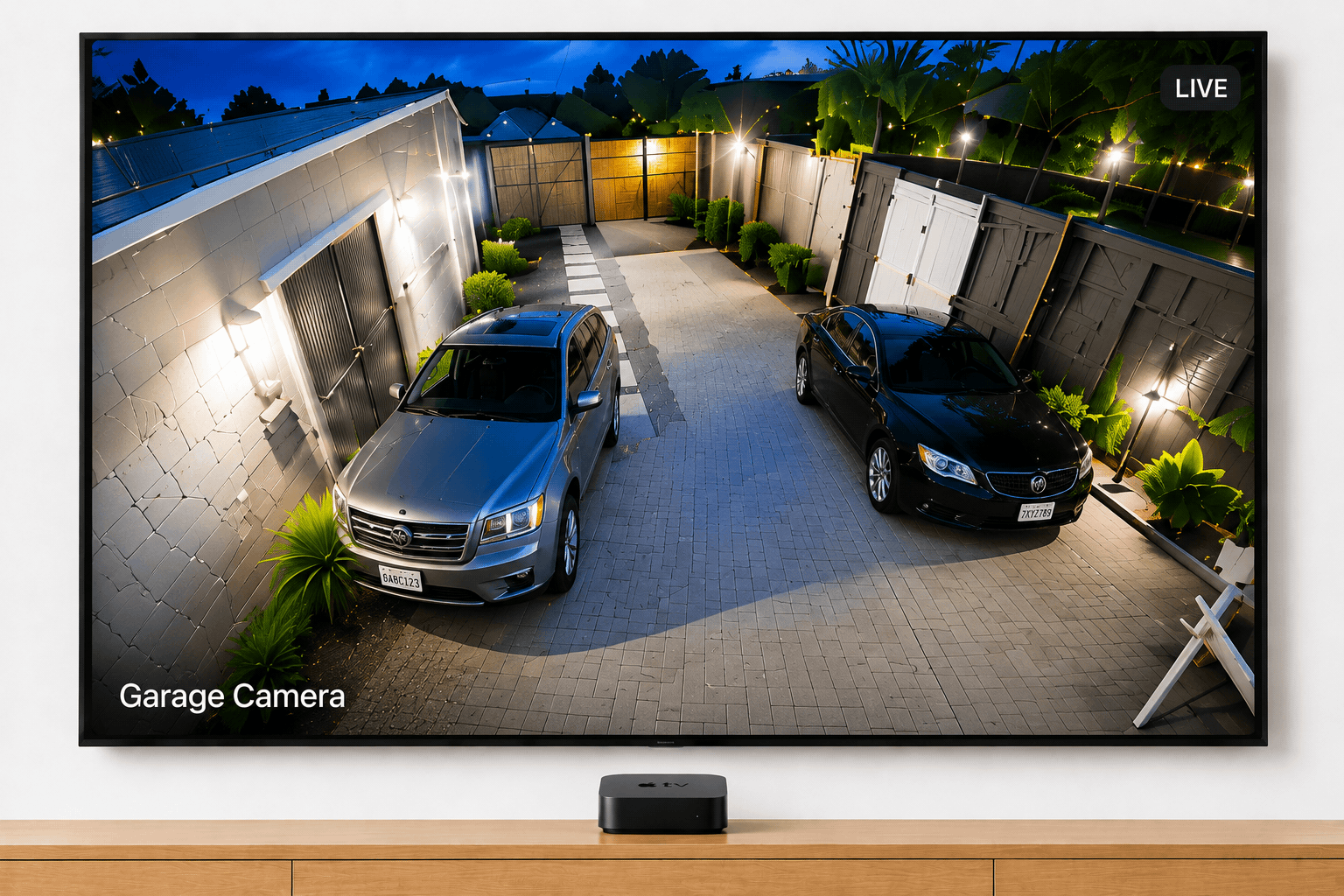 Apple TV displaying a fullscreen Garage Camera view