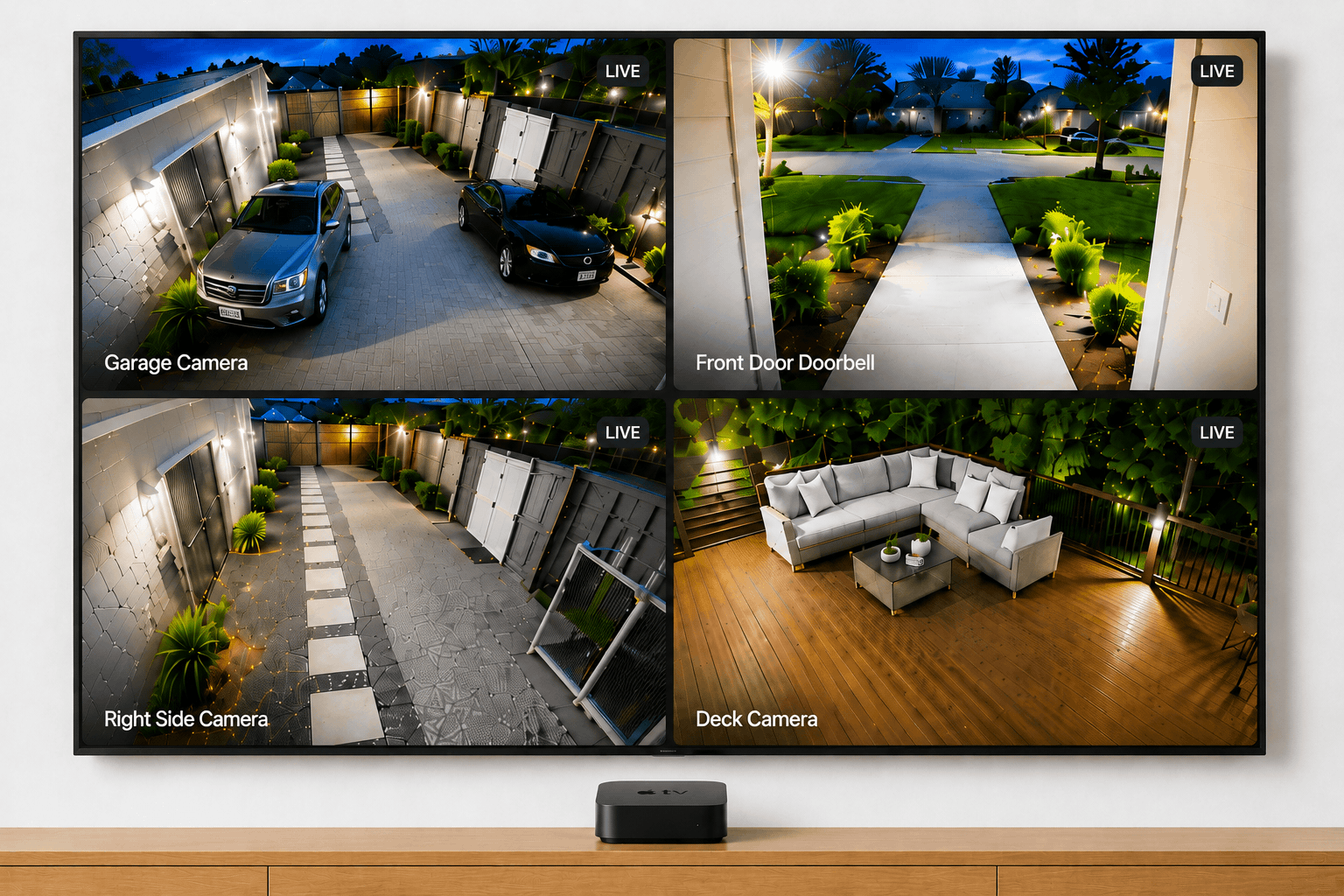 Apple TV showing four security cameras in a 2x2 grid: garage, front door, right side, deck