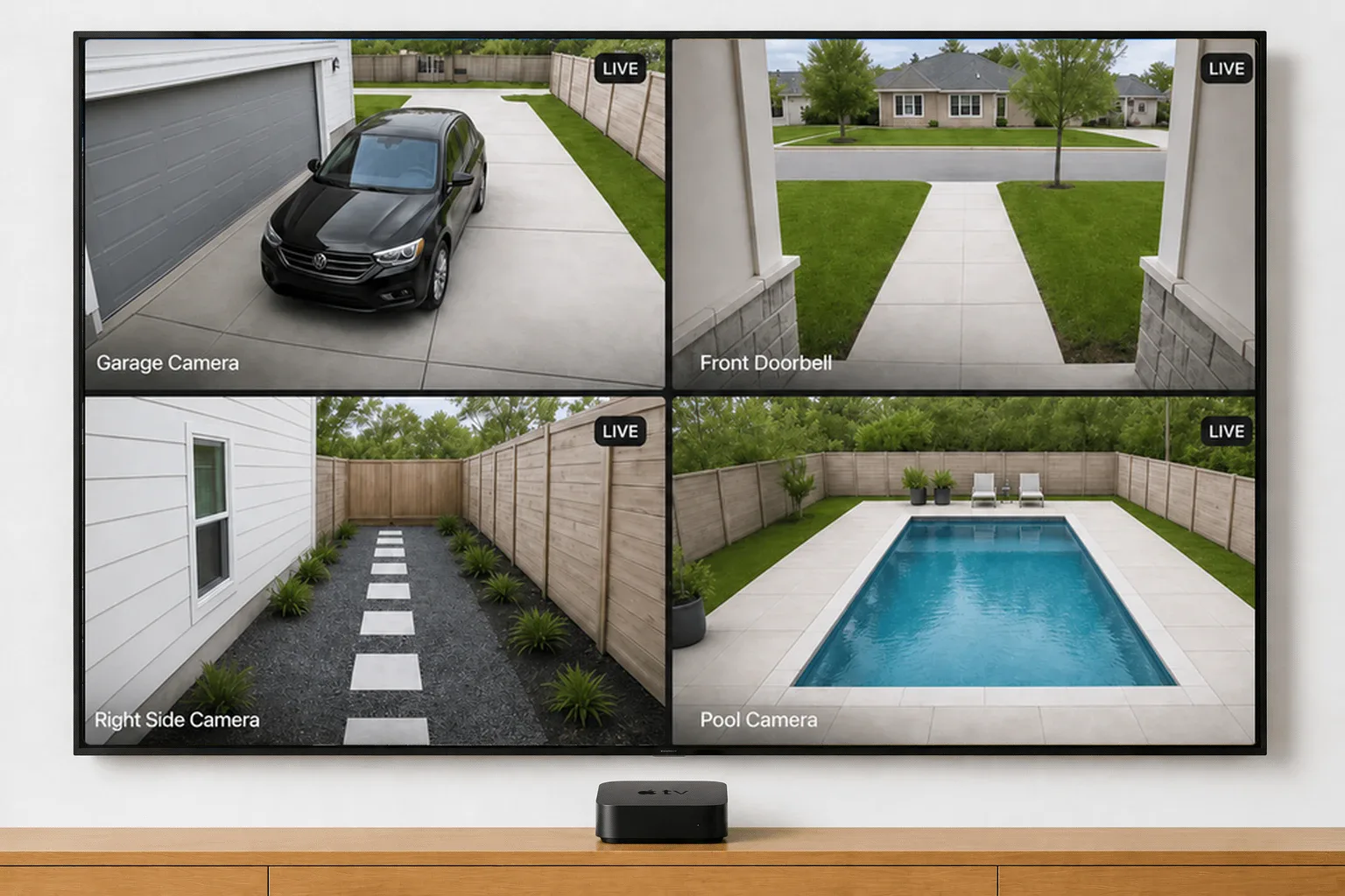 A four-camera Ring wall on a TV, each feed labelled: Garage Camera, Front Doorbell, Right Side Camera and Pool Camera