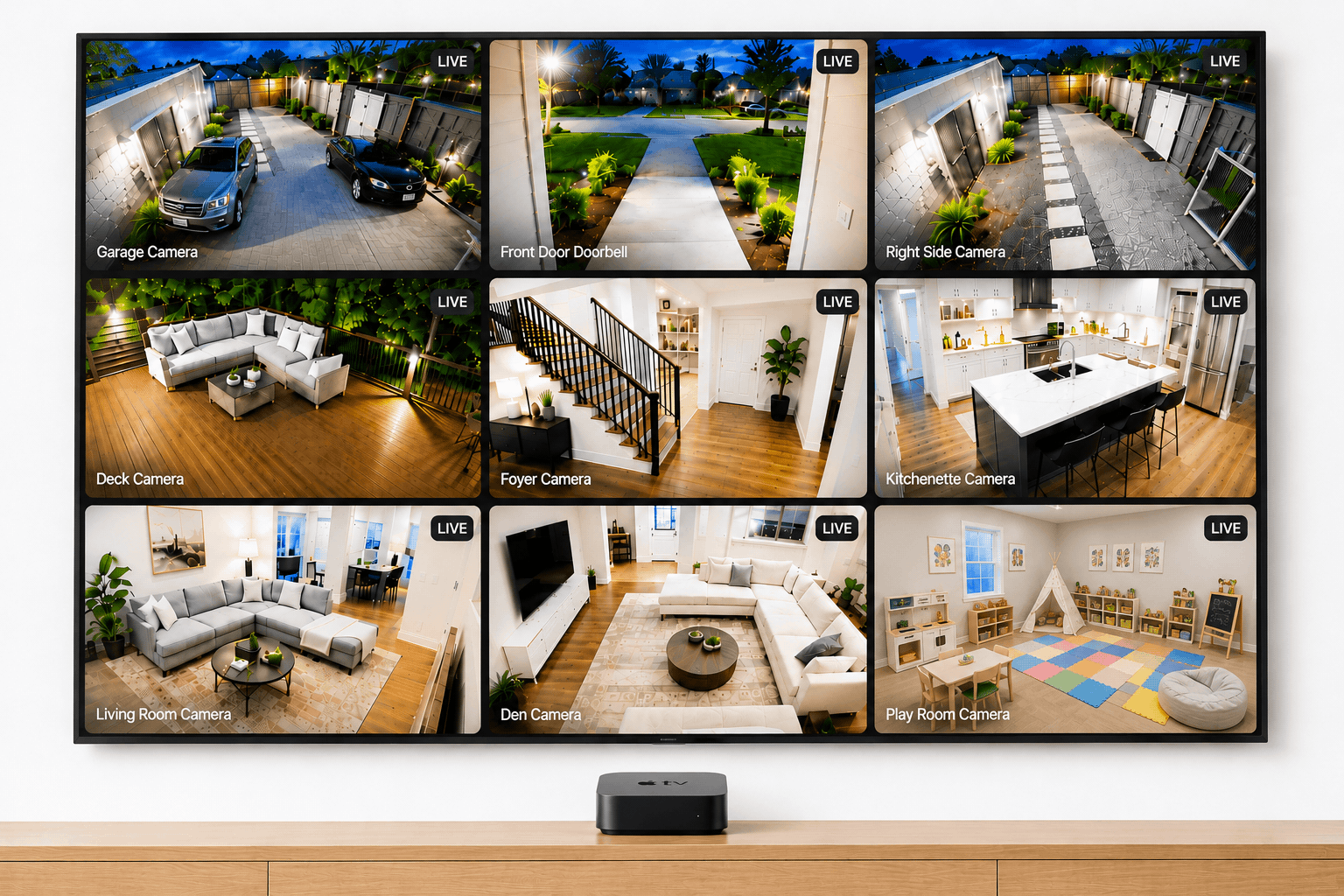 Video Wall on Apple TV — multiple Ring camera feeds in a living room