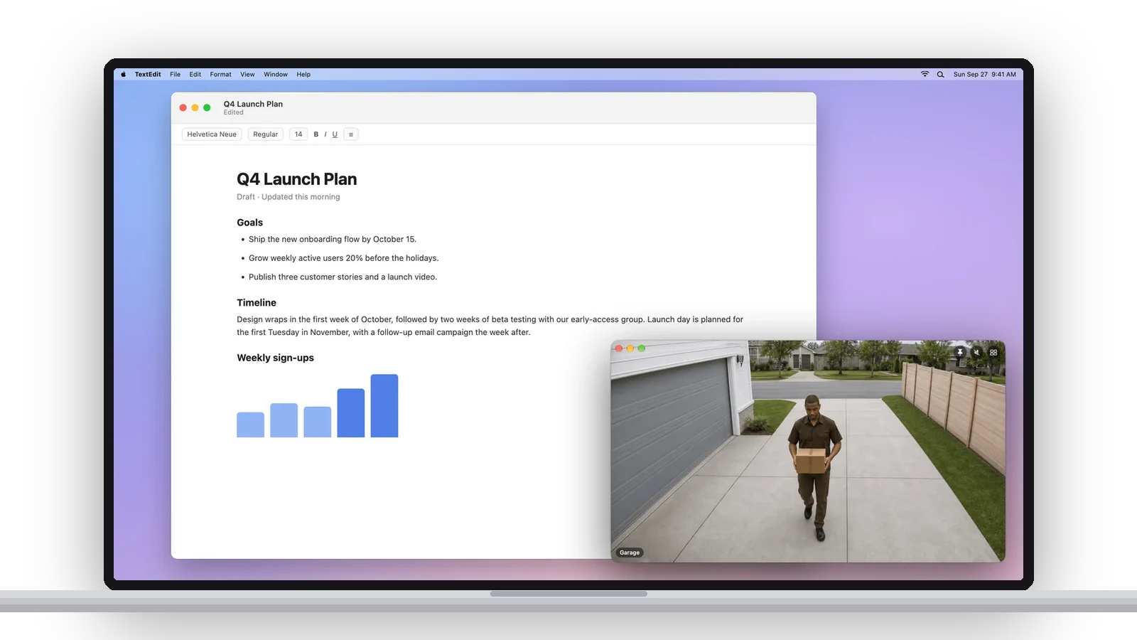 A MacBook with a document open and the Ring Garage camera floating over it in its own window, showing a delivery driver walking up the driveway