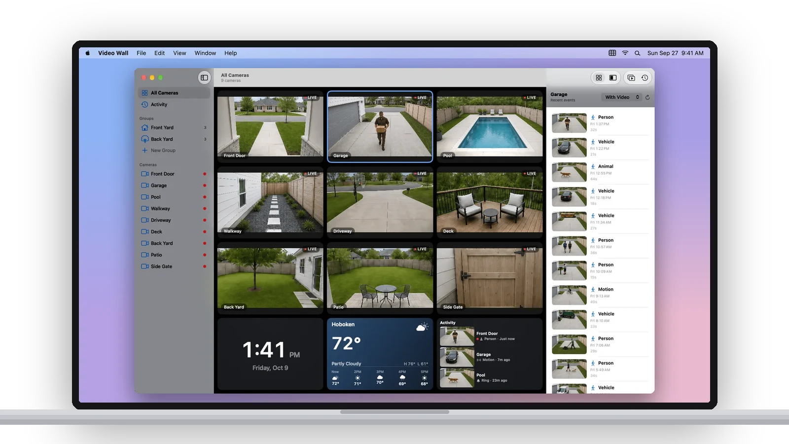 A MacBook showing the Video Wall window with the History panel beside the camera wall, listing the Garage camera's recent events with thumbnails and a filter menu