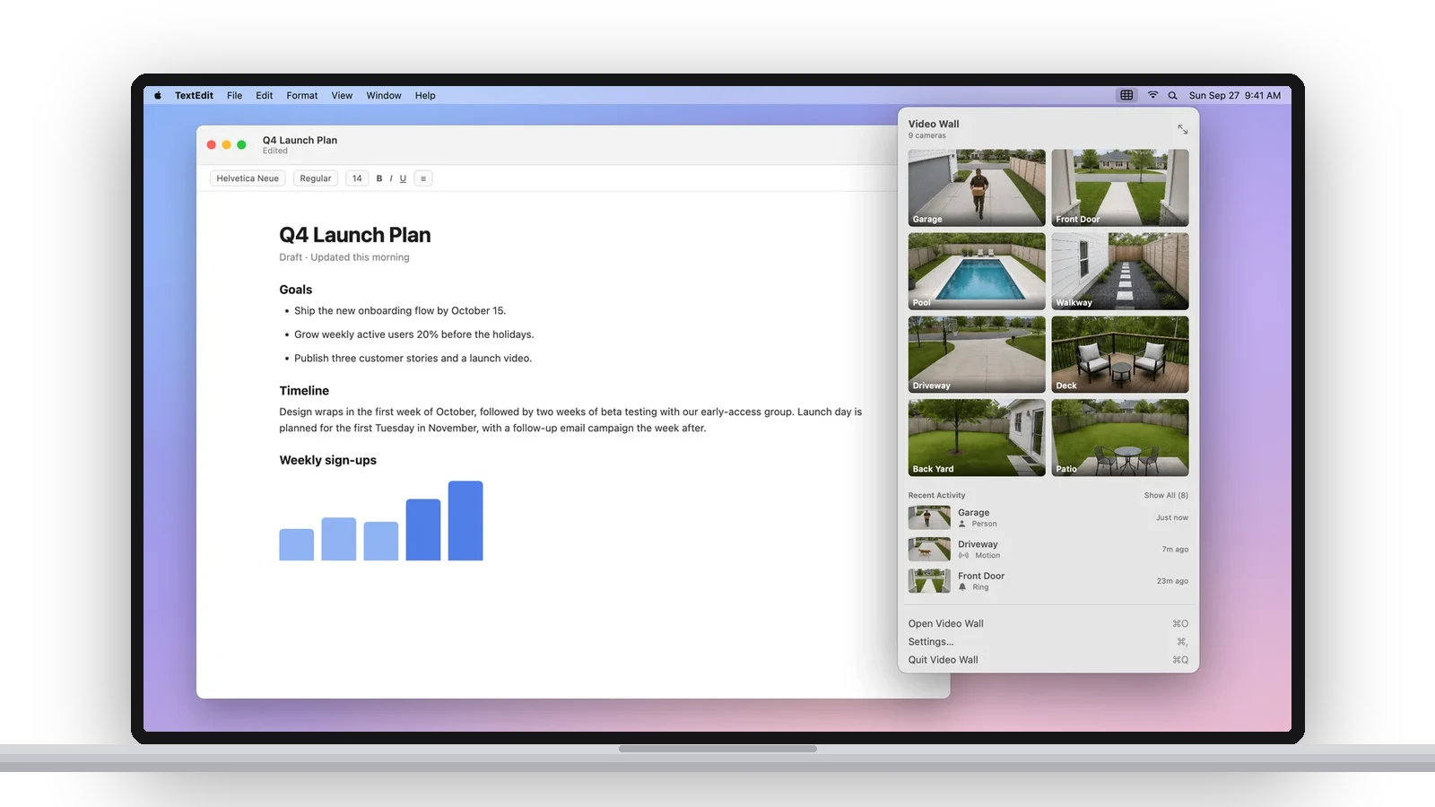 A MacBook with the Video Wall menu bar panel open over a document: eight camera thumbnails, Recent Activity with three events, and Open Video Wall, Settings and Quit Video Wall
