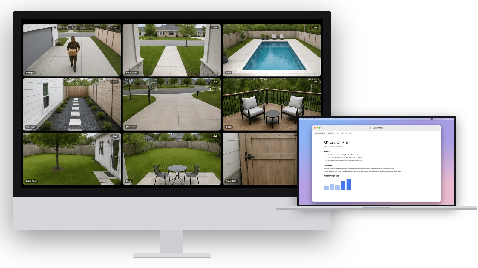 An iMac filled edge to edge with nine live Ring cameras in Wall Display mode, beside a MacBook with a document open