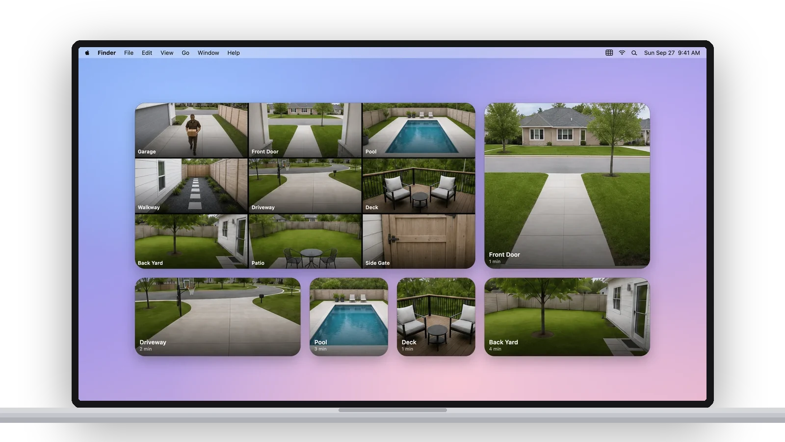 A MacBook with Video Wall desktop widgets: a nine-camera wall and single cameras in small, medium and large sizes