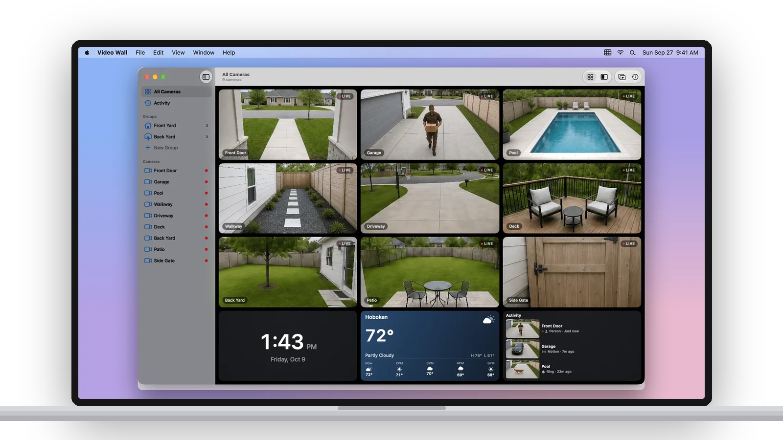 A MacBook showing the Video Wall window: a sidebar of cameras and groups beside nine Ring cameras live in a grid, with a clock, the weather and an activity feed