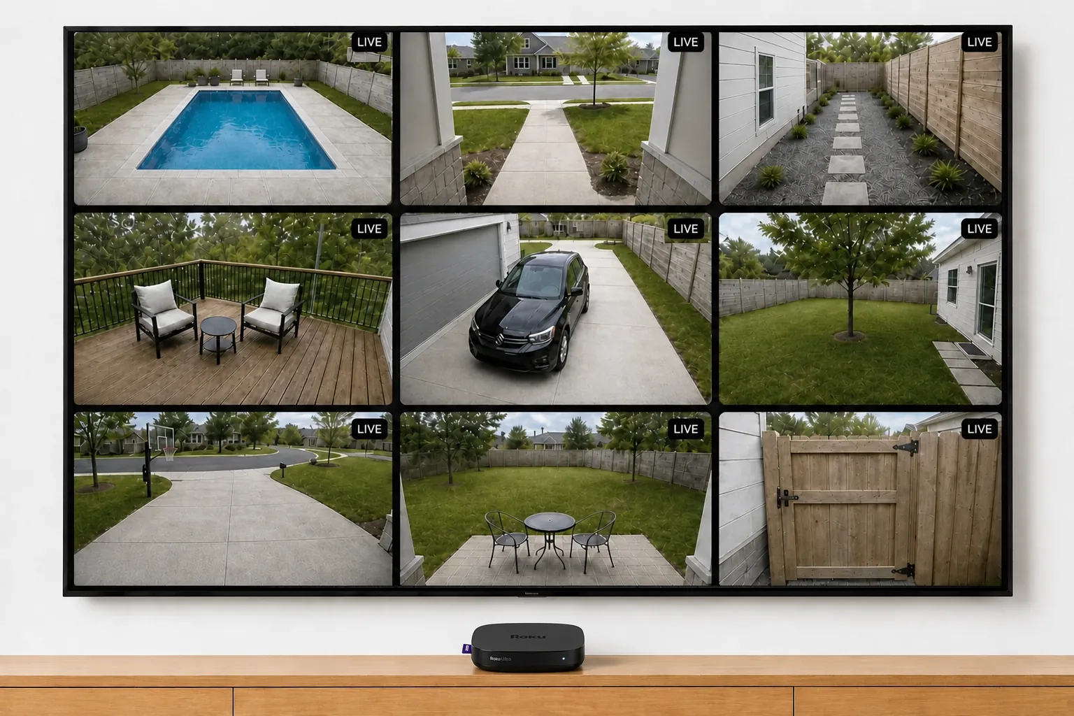 Ring cameras on Roku: nine feeds live in one grid on a wall-mounted TV, with the Roku device on the console below