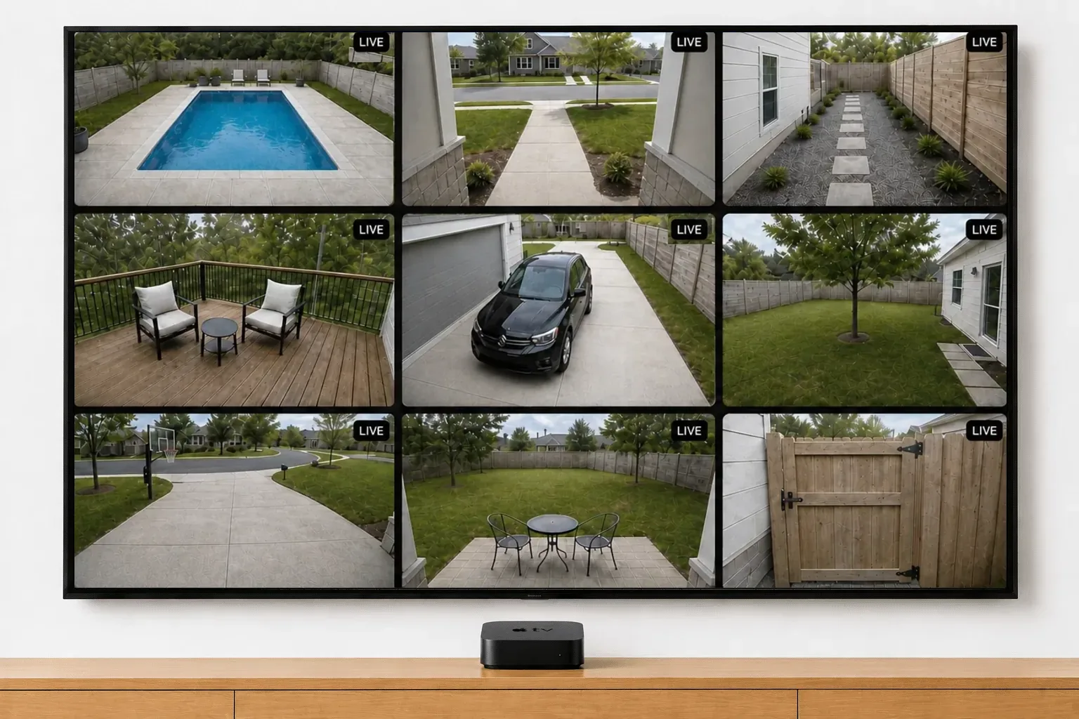Nine Ring cameras live at once in a 3x3 grid on a wall-mounted TV — pool, front walk, driveway, deck, back yard and side gate