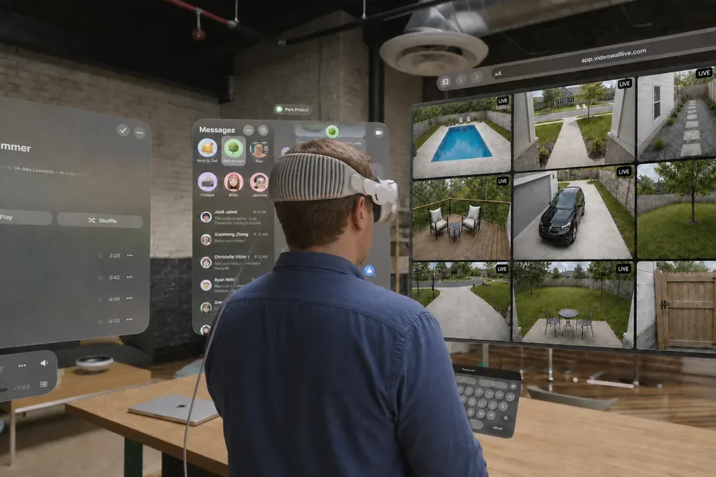 A person wearing a mixed-reality headset looking at a floating browser window showing nine Ring cameras live in a grid