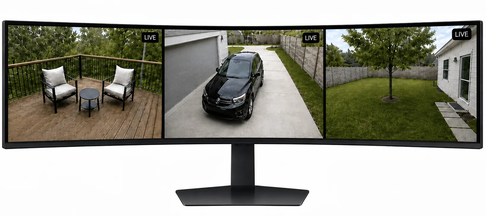 Video Wall in a browser on an ultrawide monitor, three Ring cameras live side by side