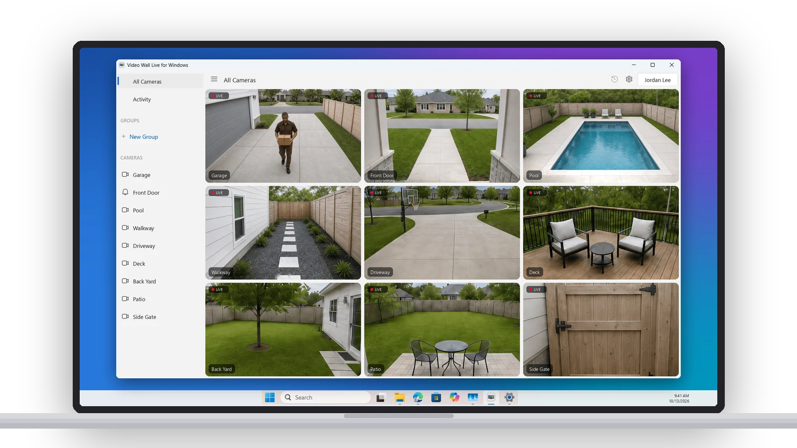 A Windows laptop showing the Video Wall Live window: a sidebar of cameras beside nine Ring cameras live in a grid