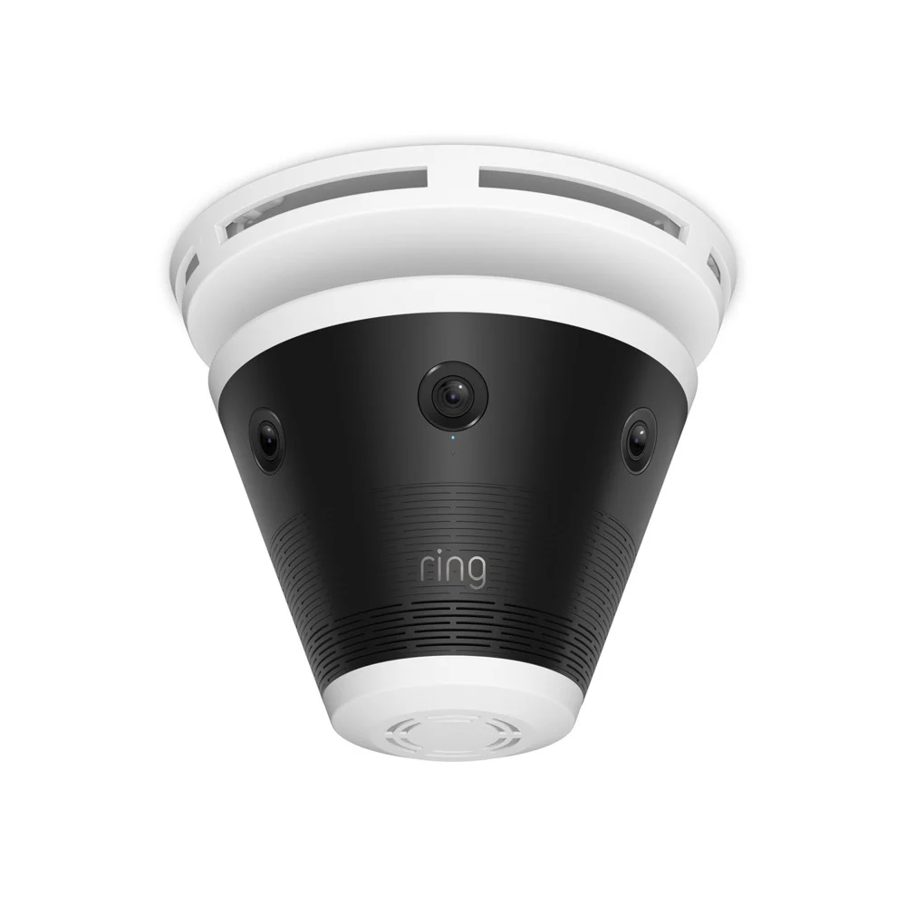 A Ring Elite 360 camera, cone-shaped for ceiling mounting, with three of its six lenses visible around the front