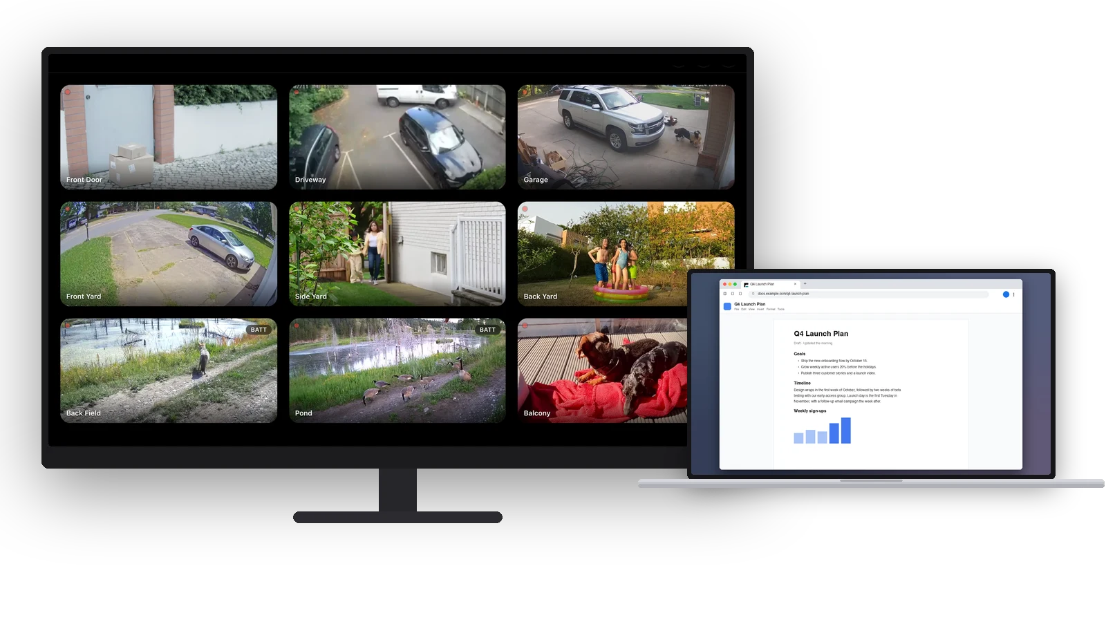 A large desktop monitor filled edge to edge with nine live Ring cameras in Kiosk View, beside a laptop with a document open in a browser
