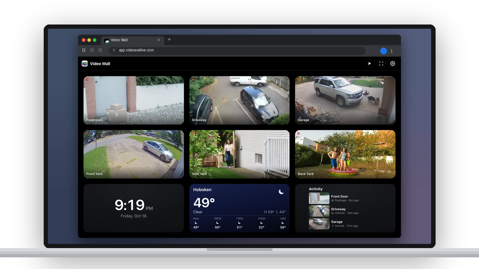 A laptop with Video Wall in a browser: six Ring cameras beside a clock, the weather for Hoboken and an Activity feed of recent events