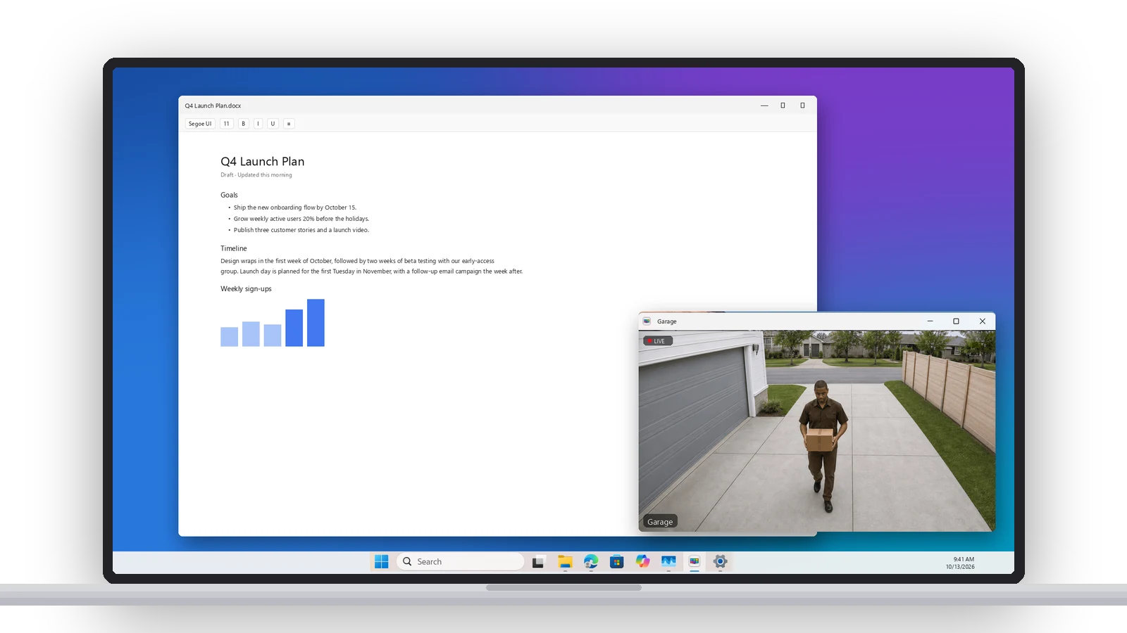 A Windows desktop with a document open and the Ring Garage camera floating over it in its own window, showing a delivery driver walking up the driveway