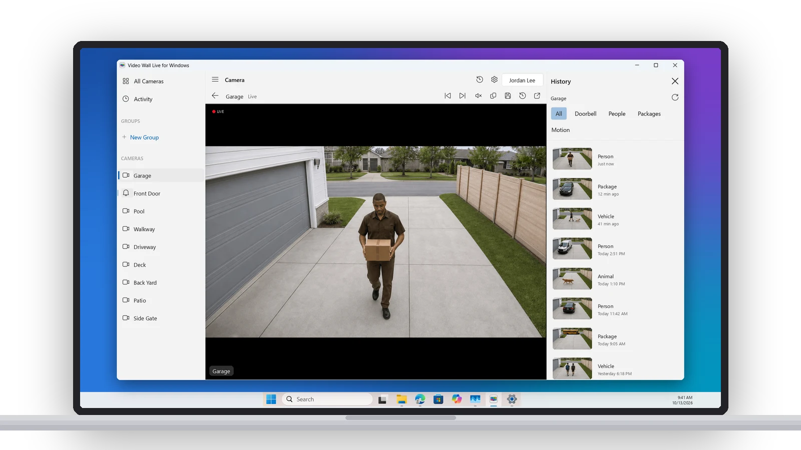 A Windows laptop showing the Garage camera open in Video Wall Live with the History panel beside it, listing recent events with thumbnails and filters