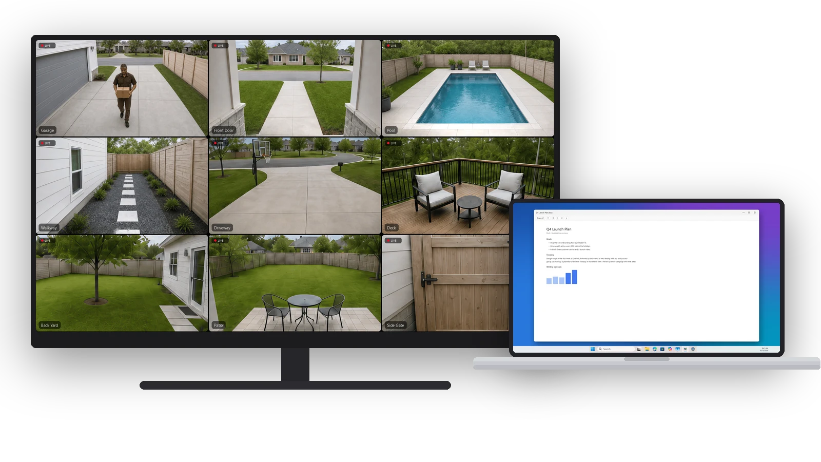 A desk with two screens: a large monitor filled edge to edge with nine live Ring cameras in Kiosk Mode, and a laptop beside it with a document open