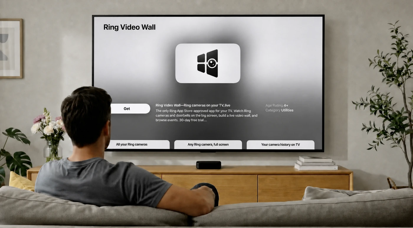 The Ring Video Wall App Store page on Apple TV, with the Get button beside the description