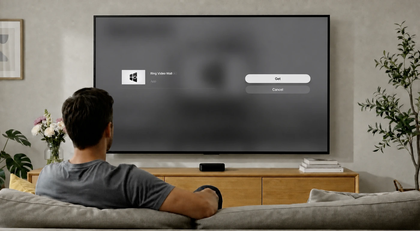 Apple TV confirmation dialog for Ring Video Wall, with Get and Cancel