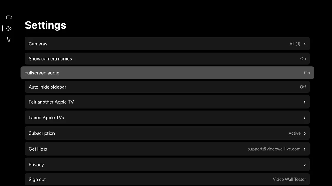 Video Wall's Settings screen with the Fullscreen audio row highlighted and set to On