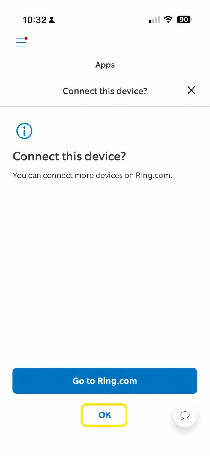 The Ring app's Connect this device sheet with the OK button highlighted below a Go to Ring.com button