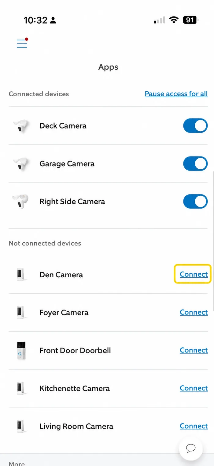 The Ring app's Apps screen for Video Wall Live: three Connected devices with toggles switched on, and five Not connected devices each with a Connect link, with Den Camera's Connect highlighted