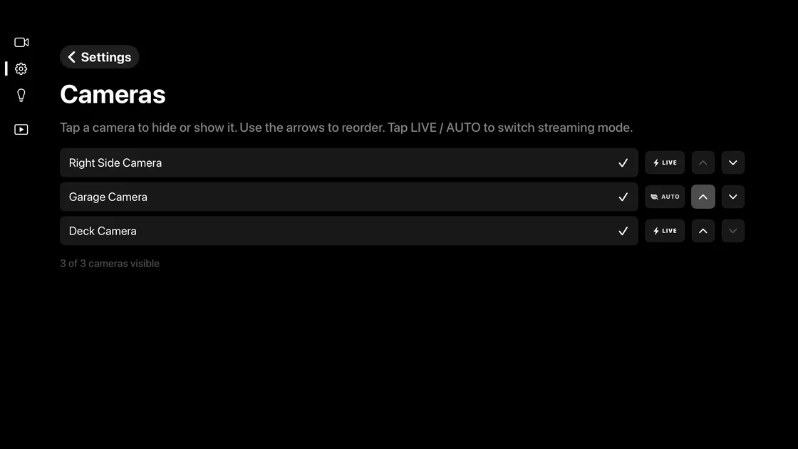 Video Wall's Cameras settings screen with Garage Camera second in the list and its up arrow focused