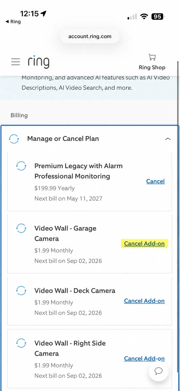 The Manage or Cancel Plan section listing the Ring plan and separate Video Wall add-ons for Garage, Deck and Right Side cameras, each with a Cancel Add-on link