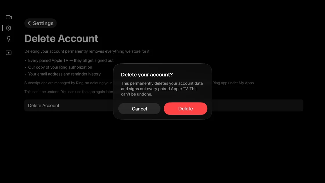 A Delete your account? confirmation explaining it permanently deletes account data and signs out every paired TV, with Cancel and Delete buttons