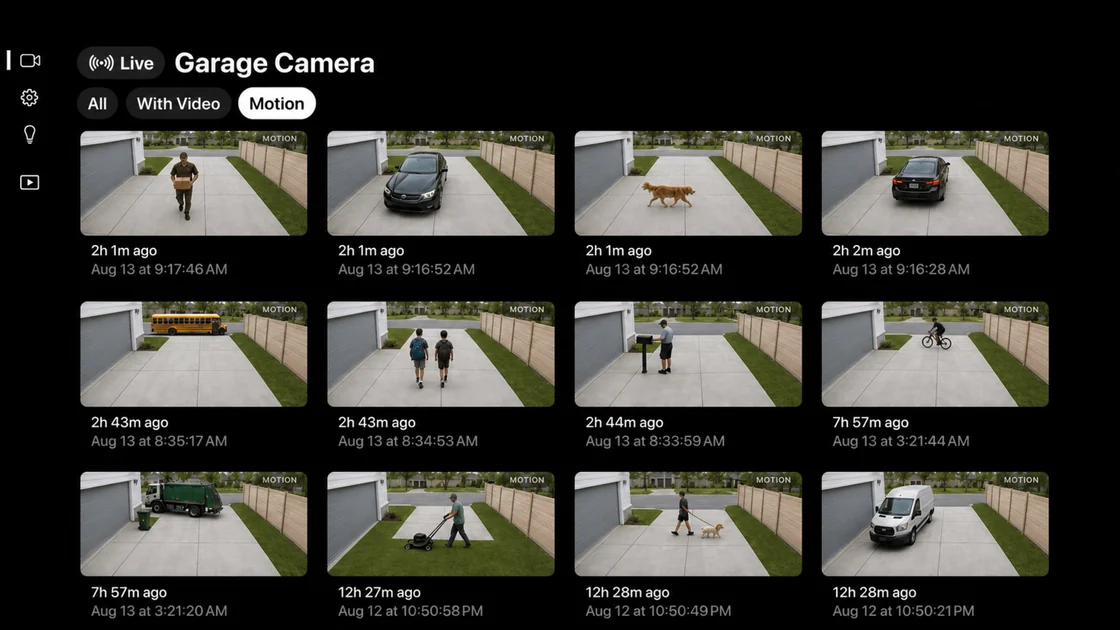 The Garage Camera event history: a grid of motion event thumbnails with timestamps, and All, With Video and Motion filter tabs at the top