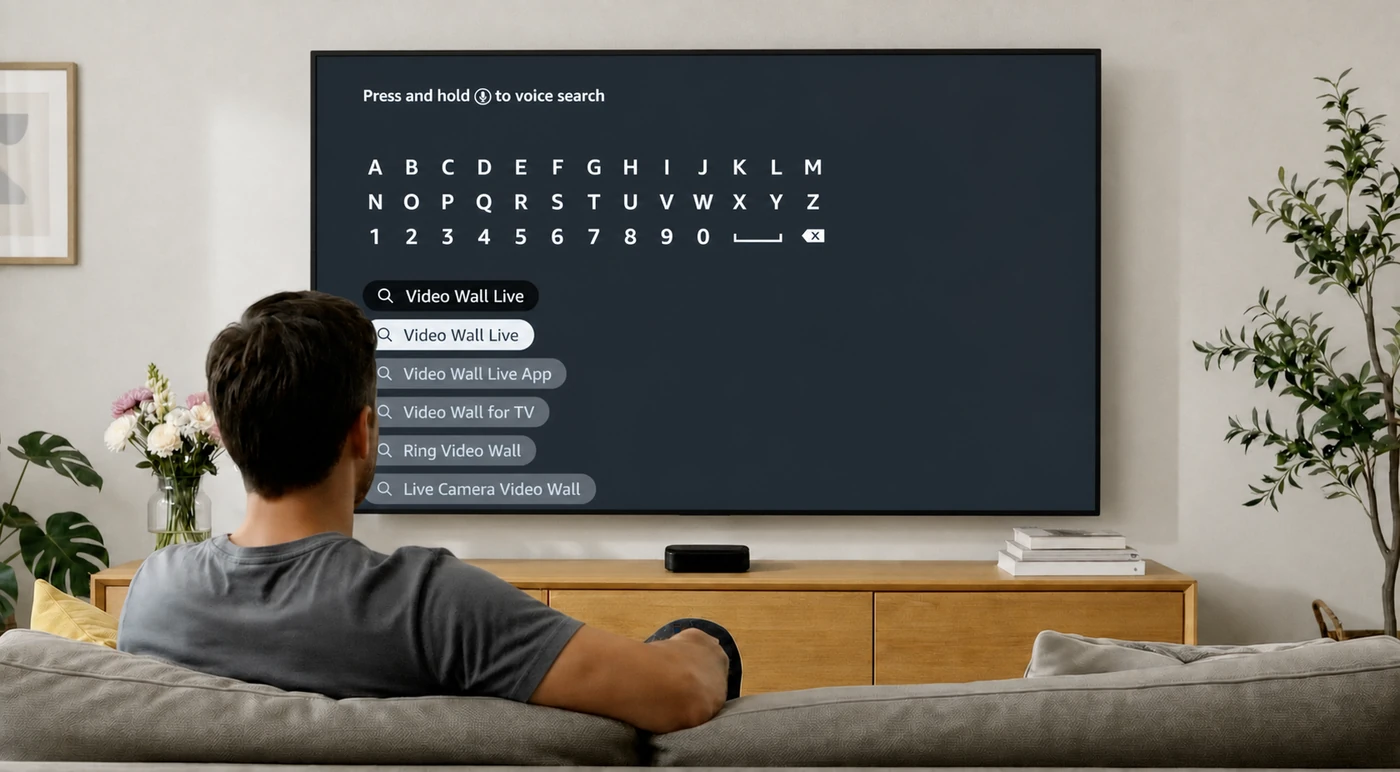 Fire TV Appstore search for Video Wall Live, with several similarly named results