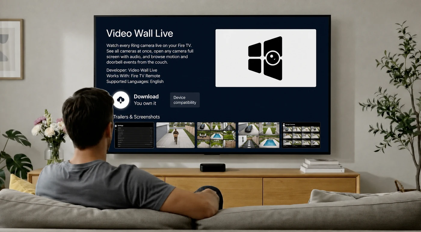 The Video Wall Live page in the Fire TV Appstore, showing the Developer line and the Download button