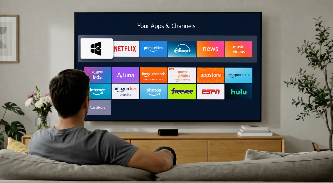 Fire TV home screen with the newly installed Video Wall Live app first