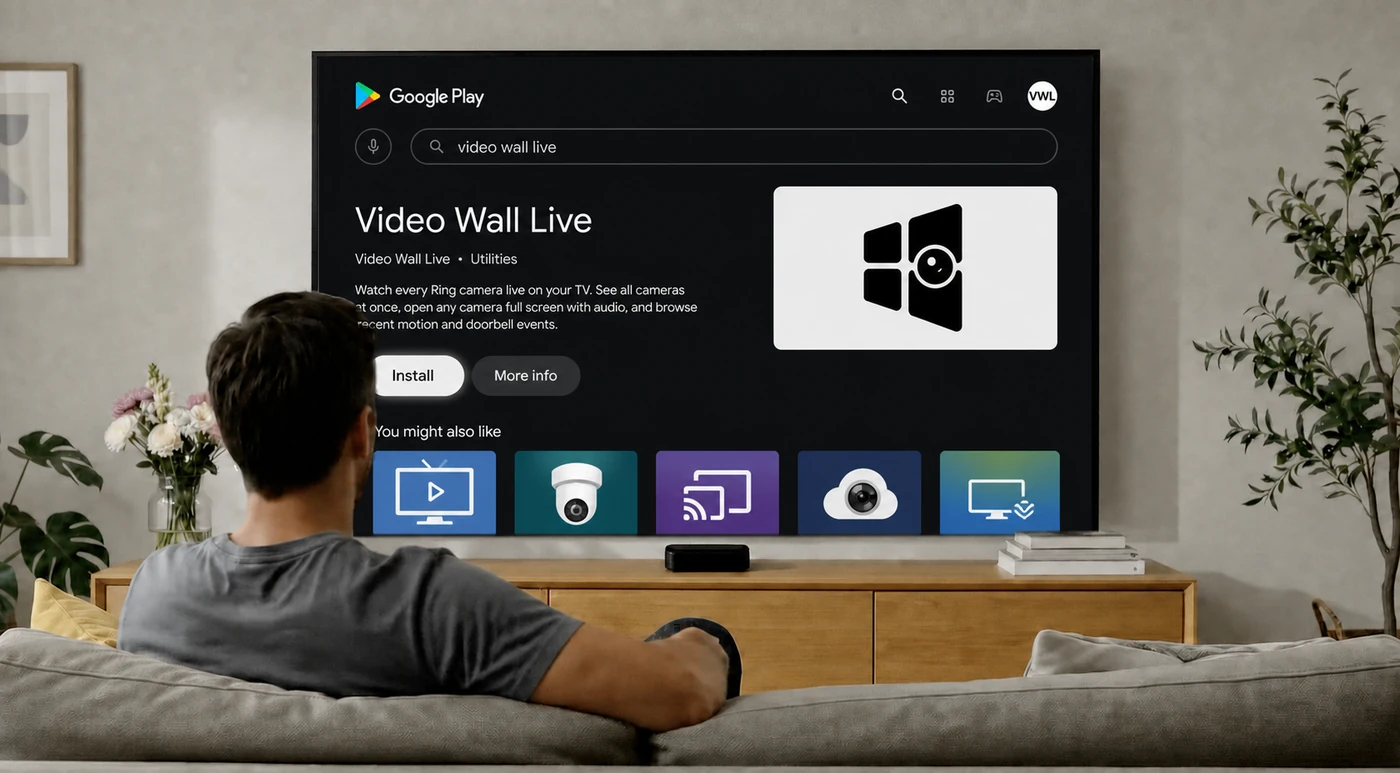 The Video Wall Live page in the Google Play Store on a TV, with the Install button
