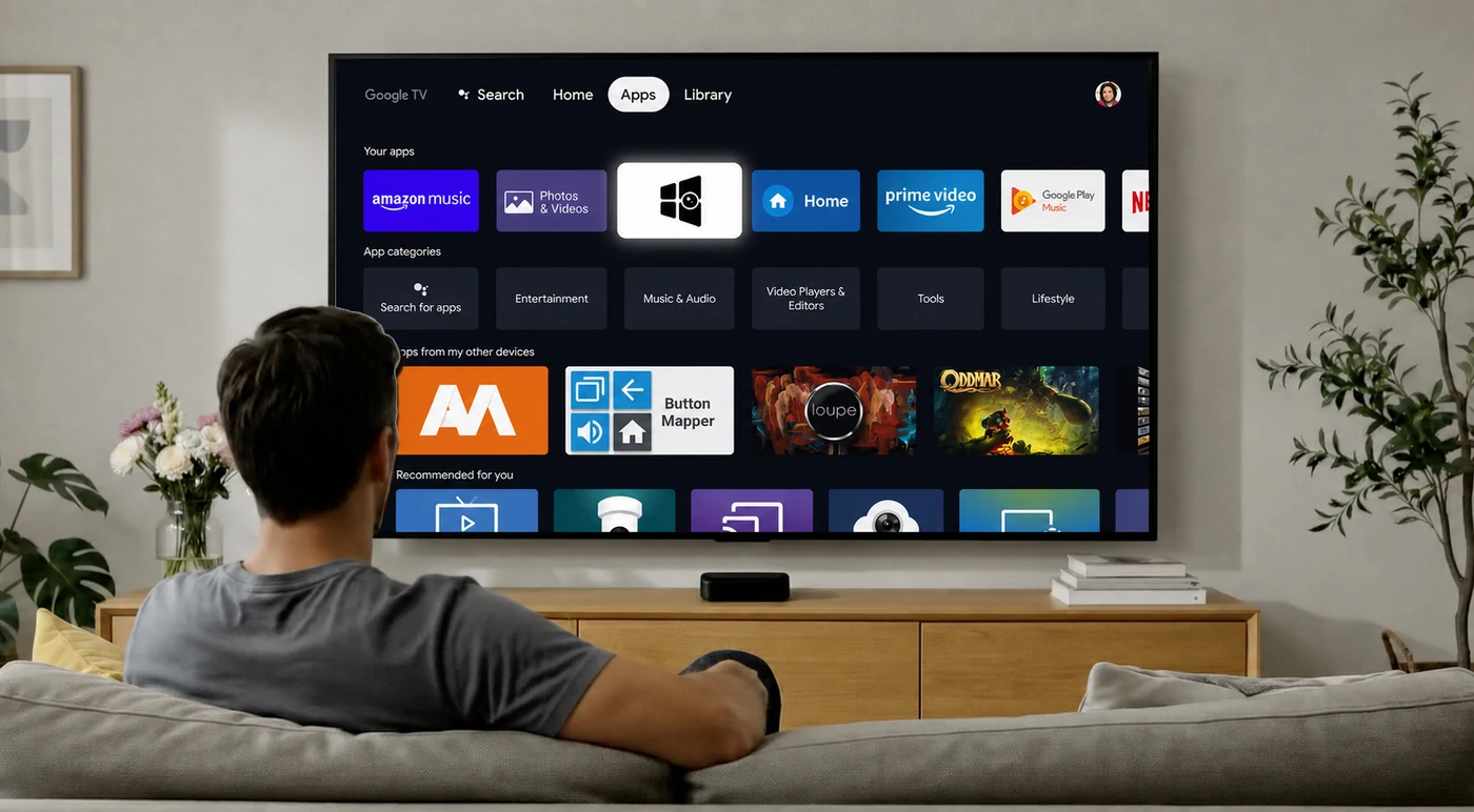 Google TV apps row with the newly installed Video Wall Live app selected