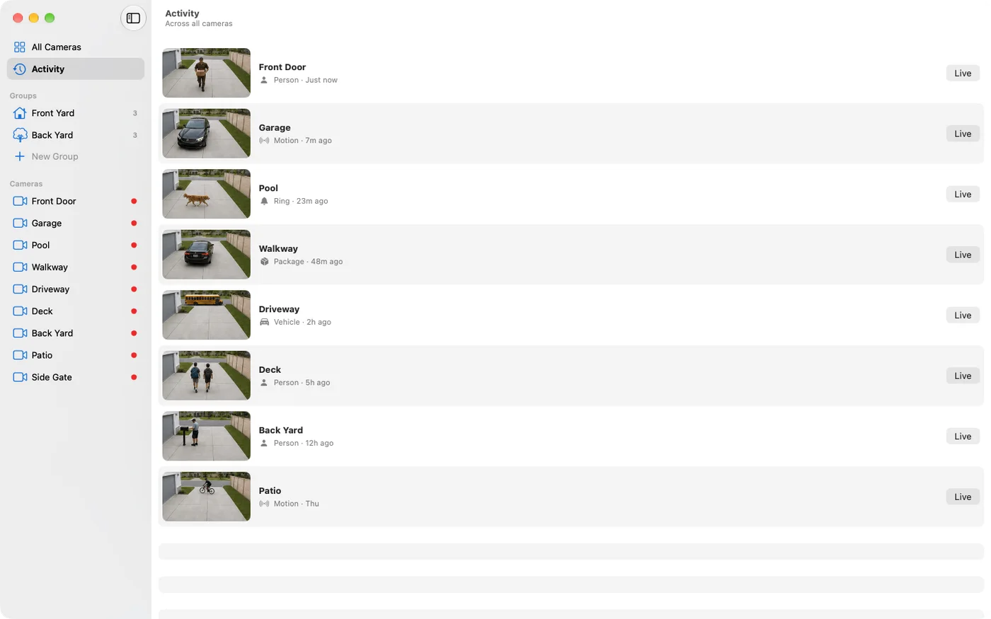The Activity page in the Video Wall window: a list of recent events from several cameras, each with a thumbnail, the kind of event, how long ago, and Play and Live buttons