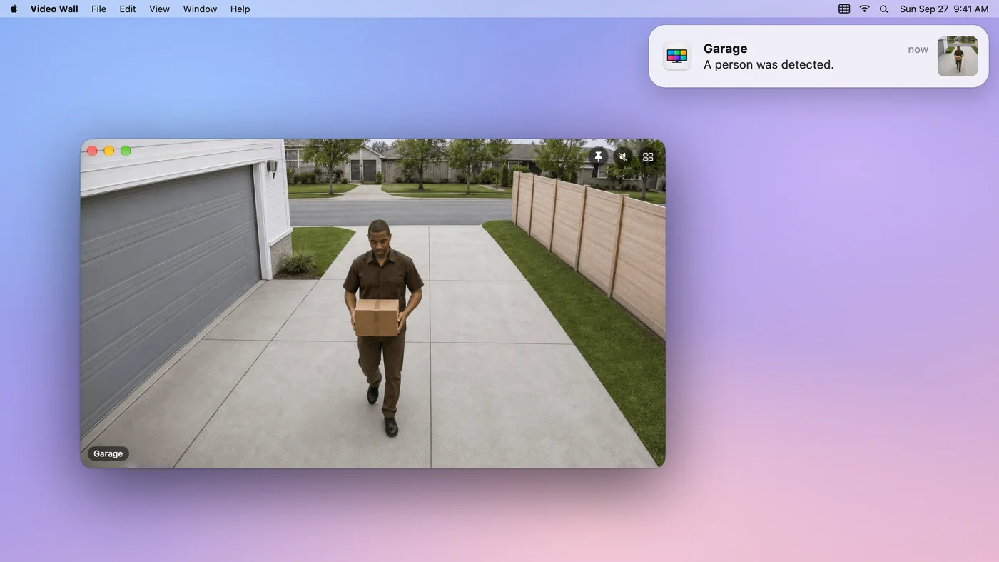 A Video Wall notification on a Mac — Garage, A person was detected — with the camera open in a floating window