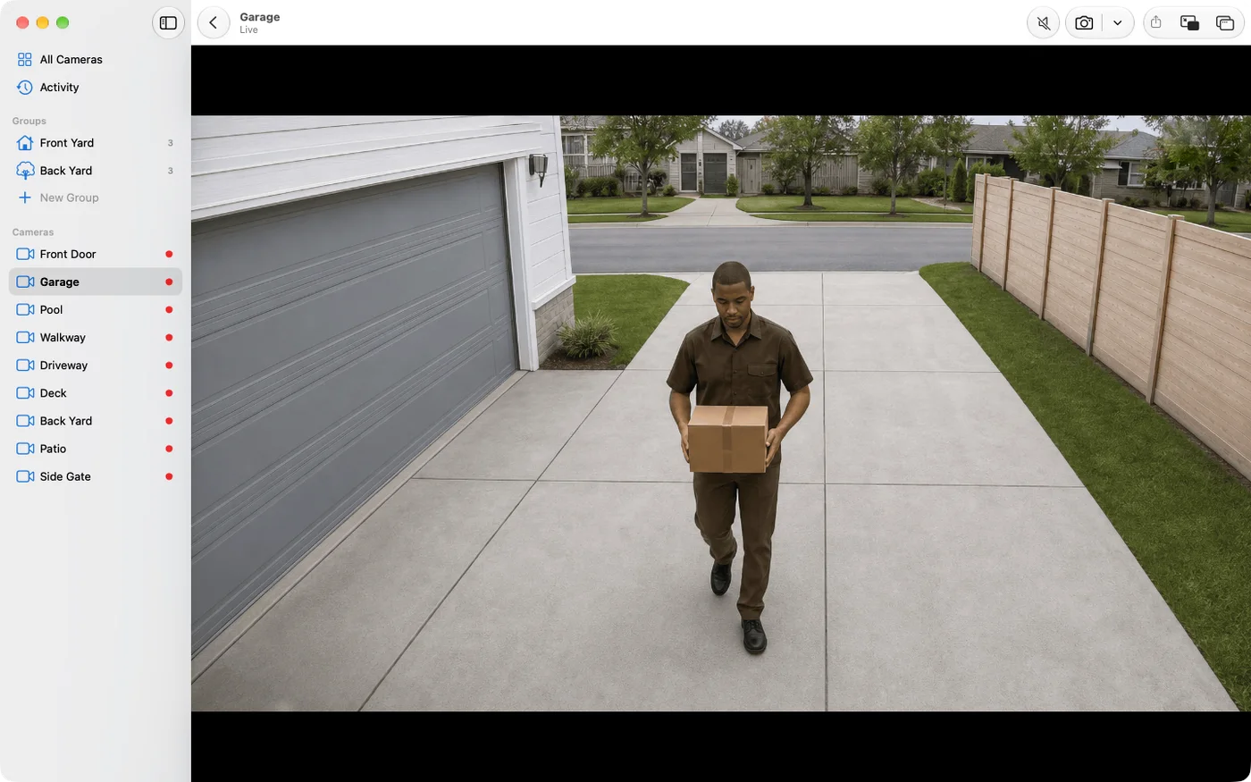 The Garage camera open in the Video Wall window, a delivery driver walking up the driveway, with Back, sound, Snapshot, Picture in Picture and Open in New Window in the toolbar