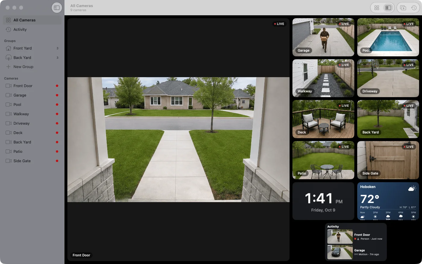 The Video Wall window in Featured layout: the Front Door camera large on the left, the other eight cameras and the widgets in a strip down the right