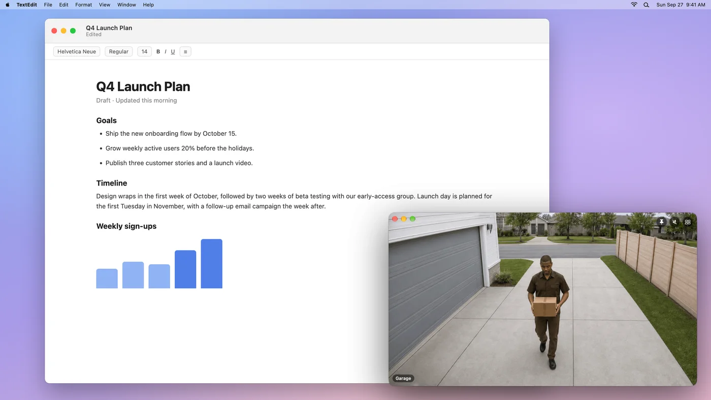 A Garage camera floating in its own window over a document on a Mac desktop