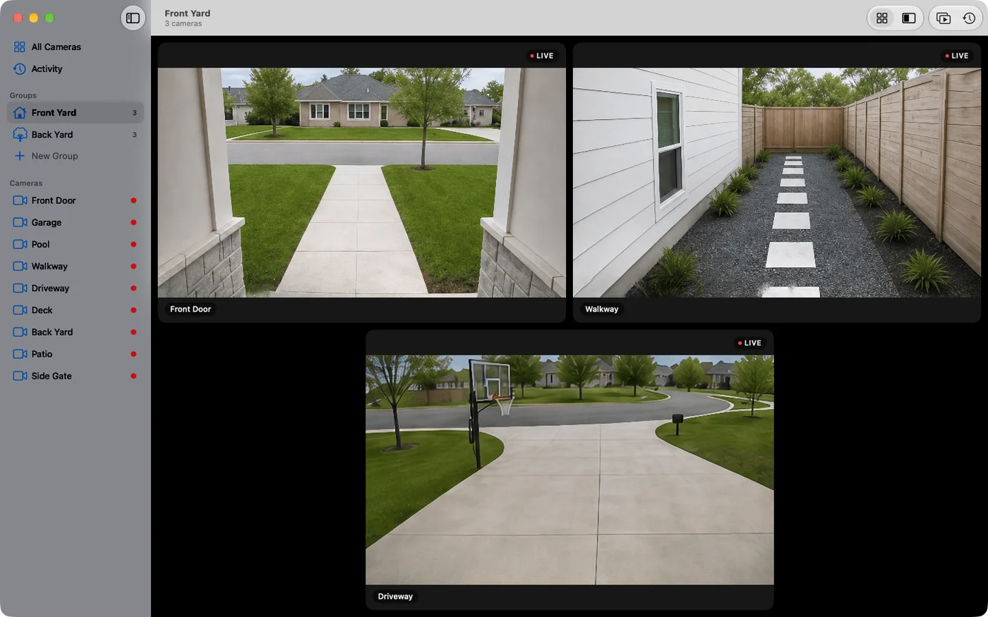 The Front Yard group selected in the sidebar, showing its three cameras — Front Door, Walkway and Driveway — on the wall