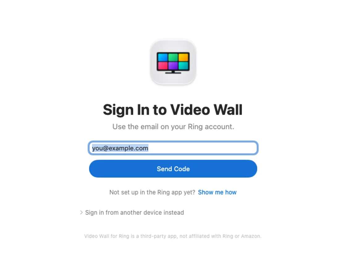 Sign In to Video Wall on a Mac, with the Ring email typed in and the Send Code button