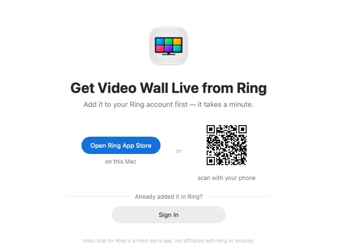 The Video Wall welcome screen on a Mac: Get Video Wall Live from Ring, with an Open Ring App Store button, a QR code to scan with your phone, and a Sign In button