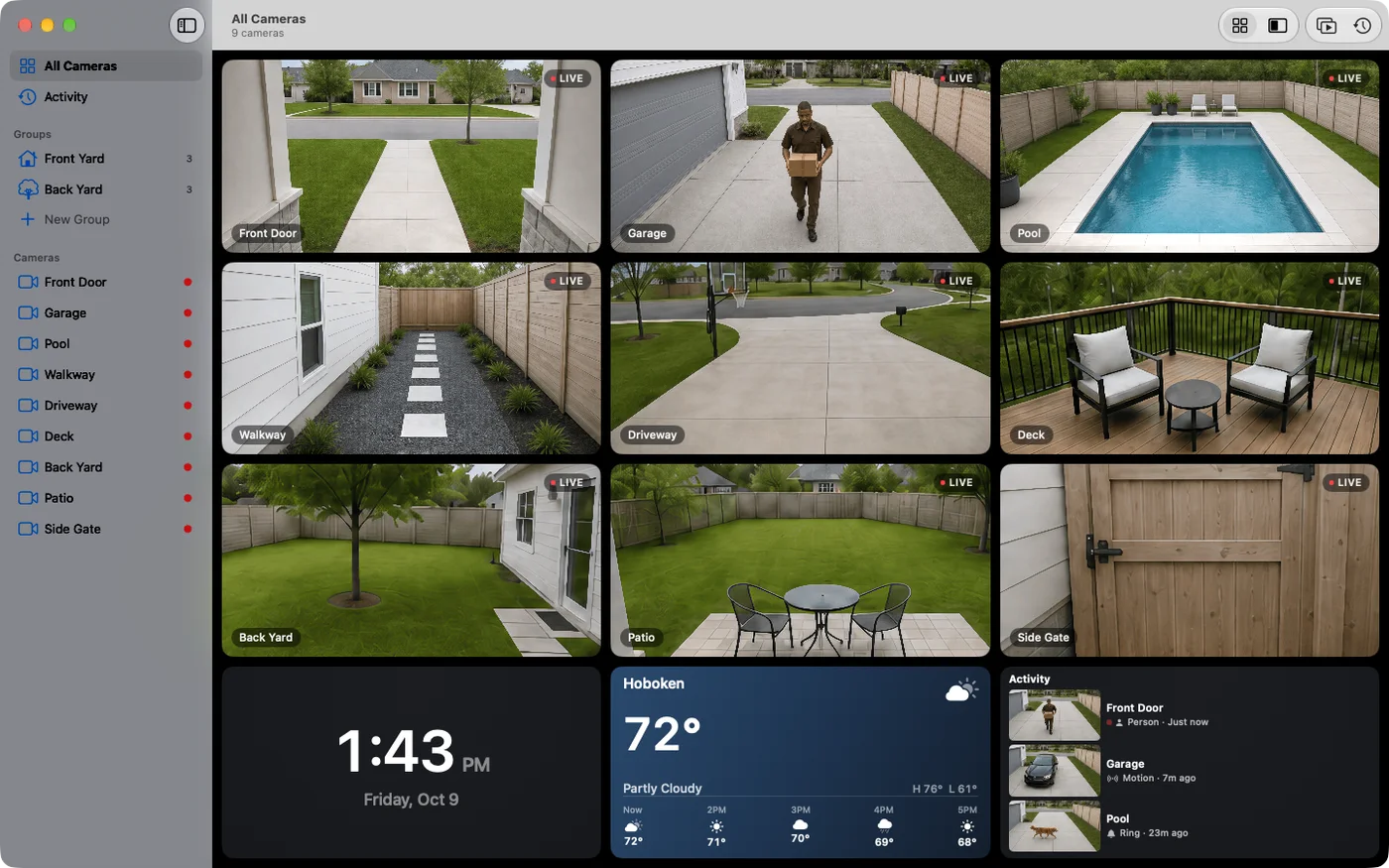 The Video Wall window on a Mac: a sidebar listing All Cameras, Activity, two groups and nine cameras, beside the nine cameras live in a grid with a clock, the weather and an activity feed
