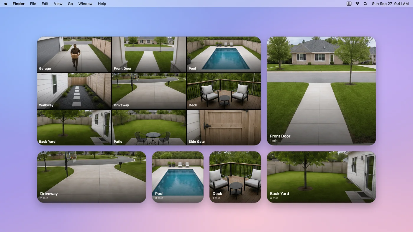 Video Wall desktop widgets on a Mac: a nine-camera wall and single cameras in small, medium, and large sizes