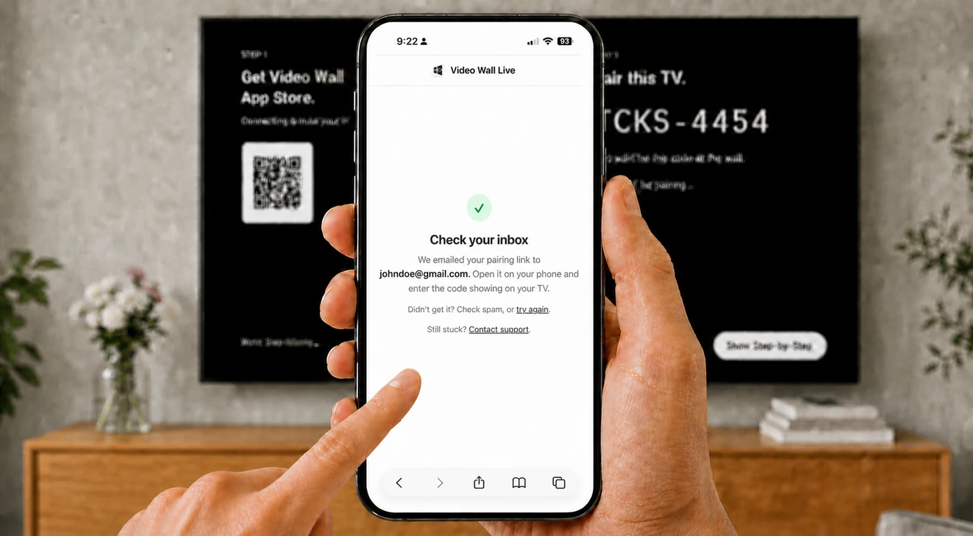 The Check your inbox screen on a phone, showing the address the pairing link went to and a try again link